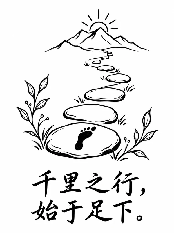 黑白手绘海报：脚印与石头小路通往远山，文字为千里之行，始于足下。
