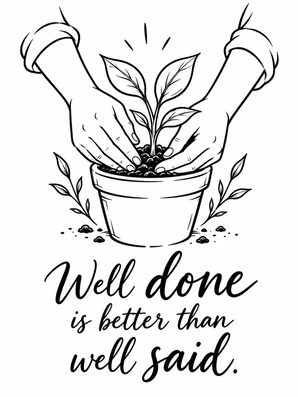 黑白手绘海报：Well done is better than well said.