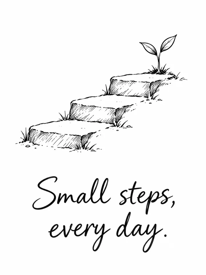 示例海报：黑白手绘台阶与嫩芽，文字 Small steps, every day.